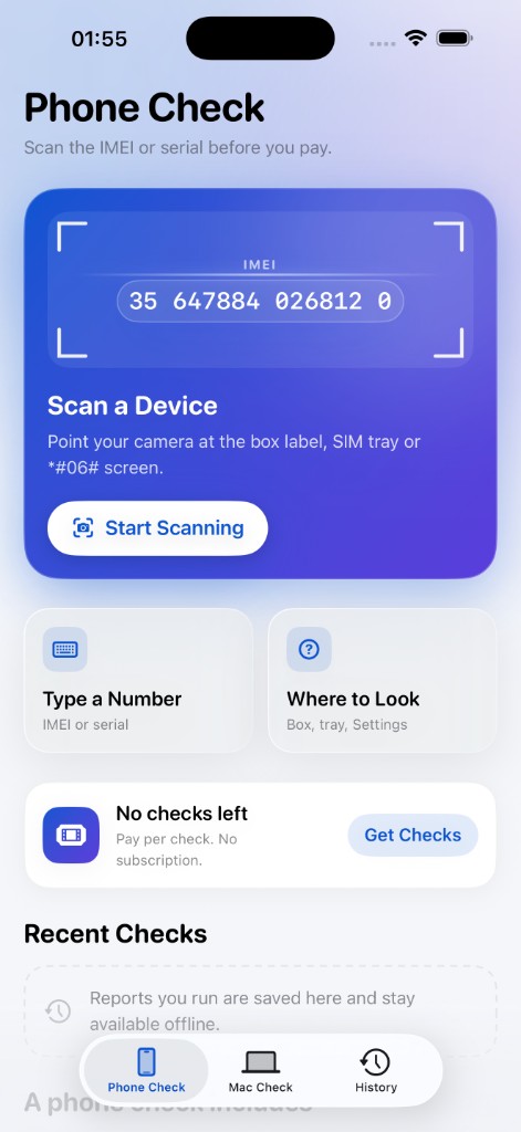 DeviceVera Phone Check, with an IMEI ready to scan